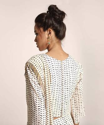 PS Pret by Payal Singhal Cream Printed Art Crepe Crop Top and Low Crotch Pant with attached Printed Art Georgette Drape 5