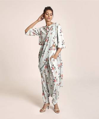 PS Pret by Payal Singhal Blue Printed Art Crepe Crop Top and Low Crotch Pant with attached Printed Art Georgette Drape 1