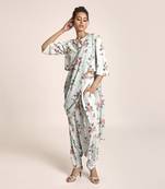 PS Pret by Payal Singhal Blue Printed Art Crepe Crop Top and Low Crotch Pant with attached Printed Art Georgette Drape