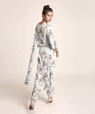 PS Pret by Payal Singhal Blue Printed Art Crepe Crop Top and Low Crotch Pant with attached Printed Art Georgette Drape 2