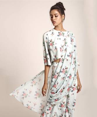 PS Pret by Payal Singhal Blue Printed Art Crepe Crop Top and Low Crotch Pant with attached Printed Art Georgette Drape 3