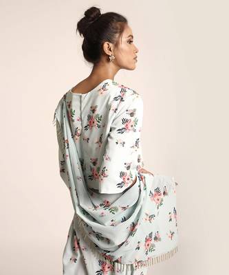 PS Pret by Payal Singhal Blue Printed Art Crepe Crop Top and Low Crotch Pant with attached Printed Art Georgette Drape 4