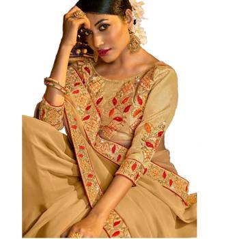Dark chiku embroidered georgette saree with blouse 2