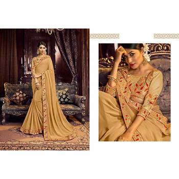 Dark chiku embroidered georgette saree with blouse 4