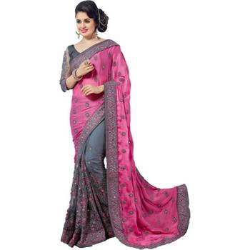 Pink embroidered georgette saree with blouse 1