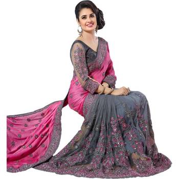 Pink embroidered georgette saree with blouse 4