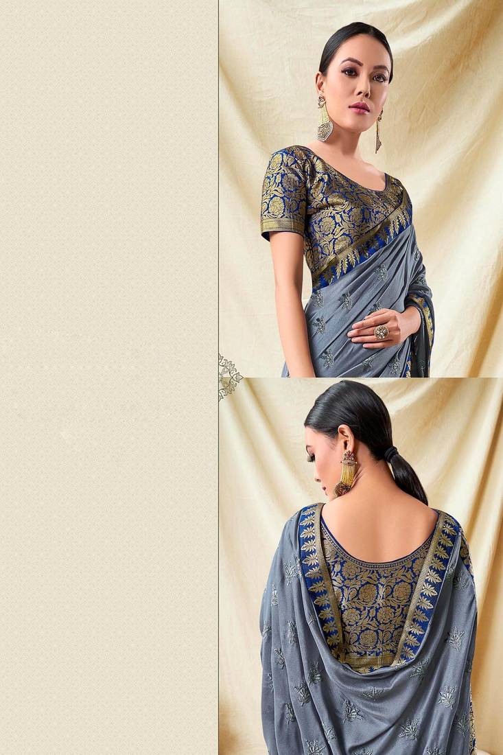 Grey & Brown Cotton Blend Woven Design Saree
