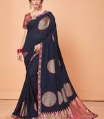 Navy blue woven silk blend saree with blouse
