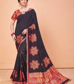 Navy blue woven silk blend saree with blouse