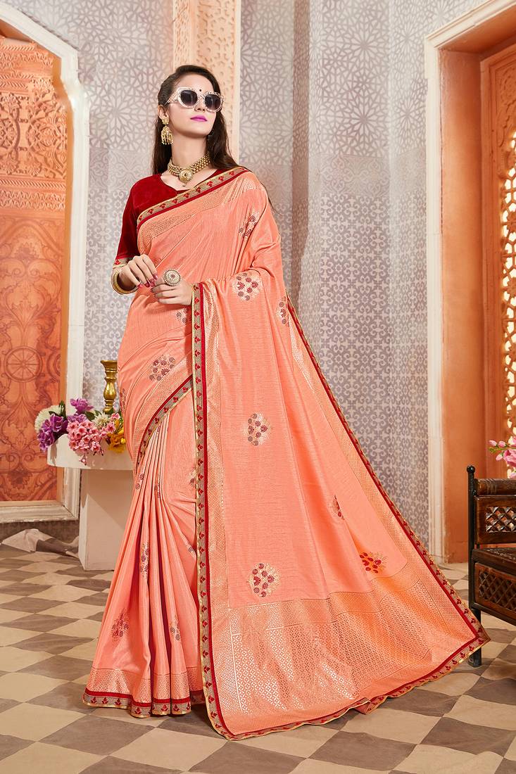 Peach Printed Silk Blend Sarees With Unstitched Blouse Piece