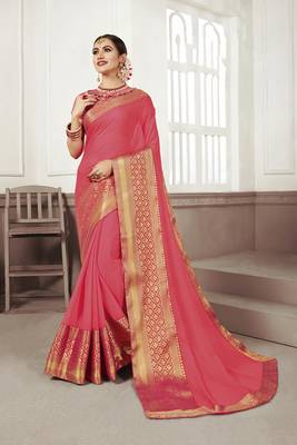 Pink woven chiffon saree with blouse 1
