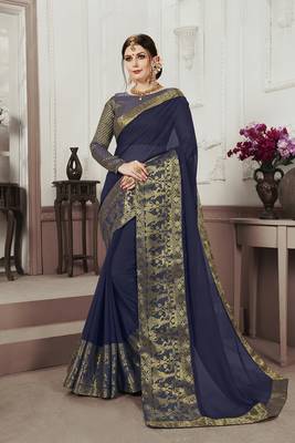 Blue woven chiffon saree with blouse 1