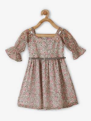 Beige printed georgette kids-frocks 1