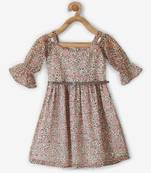 Beige printed georgette kids-frocks