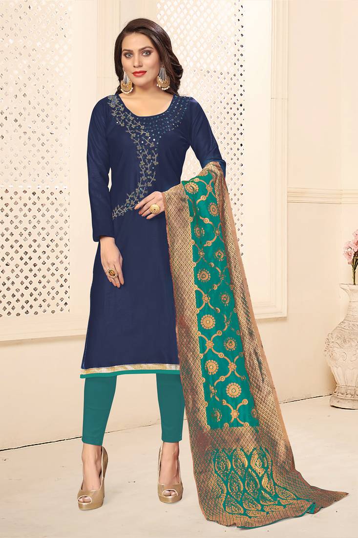 Navy-blue embroidered jute cotton salwar