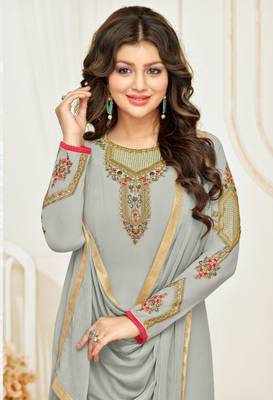 Grey Georgette Heavy Embroidered Women's Semi-stitched Salwar Suit 2
