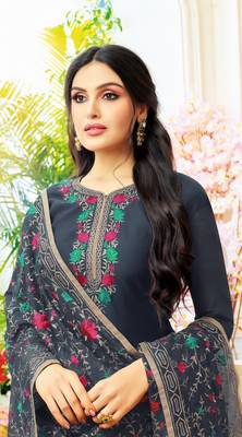 Dark Grey Chanderi Silk Unstitched Women's Dress Material 3