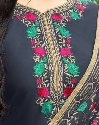 Dark Grey Chanderi Silk Unstitched Women's Dress Material 4