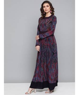 Ritu Kumar Purple Round Neck Full Sleev Long Printed Kurta With Embroidery 2
