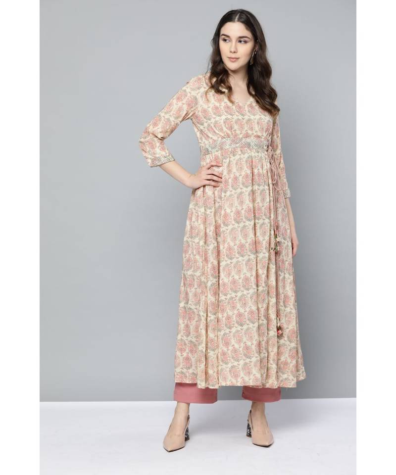 Ritu Kumar Off White V Neck Half Sleeve Long Printed Wrap Kurta