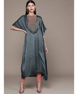Ritu Kumar Blue Half Sleeve Long Solid Kaftan With Attached Necklace 1