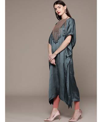 Ritu Kumar Blue Half Sleeve Long Solid Kaftan With Attached Necklace 2