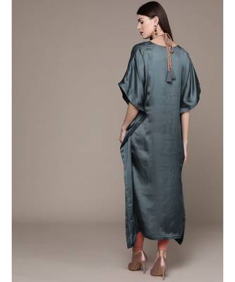 Ritu Kumar Blue Half Sleeve Long Solid Kaftan With Attached Necklace 3