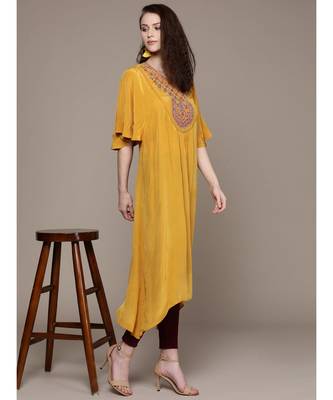 Ritu Kumar Yellow Half Sleeve Solid Kurta With Embroidered Yoke 5