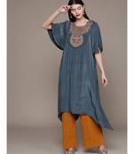 Ritu Kumar Blue Half Sleeve Solid Kurta With Embroidered Yoke