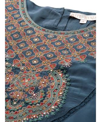 Ritu Kumar Blue Half Sleeve Solid Kurta With Embroidered Yoke 5
