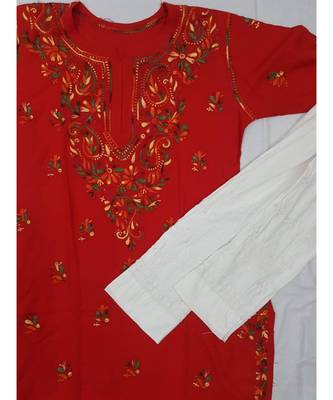 Red Lucknowi Chikan Rayon Kurti Set with Multi Color thread work 1