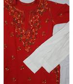 Red Lucknowi Chikan Rayon Kurti Set with Multi Color thread work