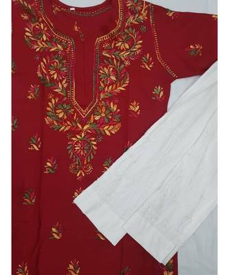 Maroon Lucknowi Chikan Rayon Kurti Set with Multi Color thread work 1