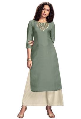 Pastle Olive Green ColourTussar Satin Kurti set 1