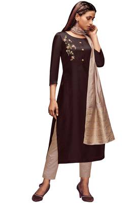 Burgundy Colour Tusser Silk Kurti set 1