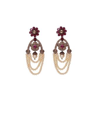 Pink Gold Oxidized Three Pearl Strings Drop Floral Earrings 1
