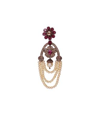 Pink Gold Oxidized Three Pearl Strings Drop Floral Earrings 2