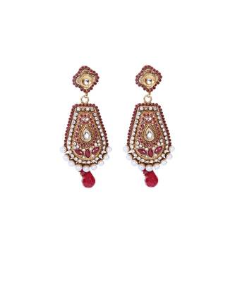 Maroon Gold Polki Pearl Stone Studded Ethnic Earrings 1