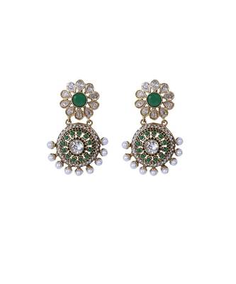 Green Gold Crystal Pearl Studded Floral Designer Earrings 1