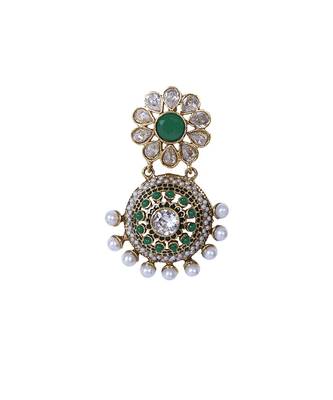 Green Gold Crystal Pearl Studded Floral Designer Earrings 2