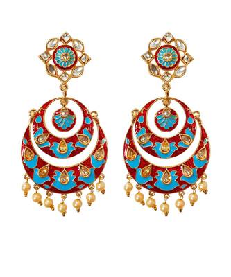 Feroza Blue Red Gold Base Kundan Pearl Drops Chandbali Earrings TE1050 1
