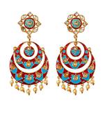 Feroza Blue Red Gold Base Kundan Pearl Drops Chandbali Earrings TE1050