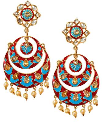 Feroza Blue Red Gold Base Kundan Pearl Drops Chandbali Earrings TE1050 2