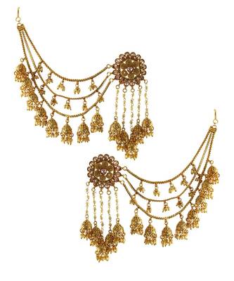 Gold Plated Polki Pearl Multiple Jhumkas Hair Chain Earrings TE1102 1
