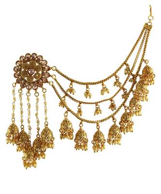 Gold Plated Polki Pearl Multiple Jhumkas Hair Chain Earrings TE1102 2
