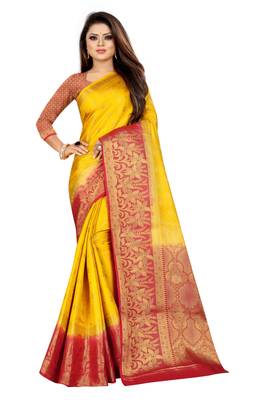Yellow woven banarasi saree with blouse 1
