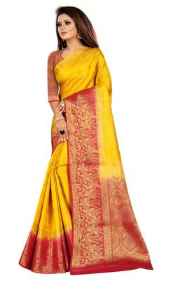 Yellow woven banarasi saree with blouse 2