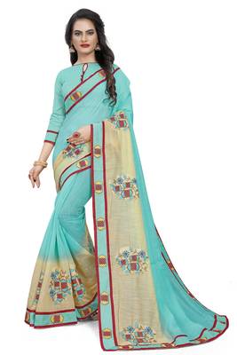 Turquoise Embroidered Cotton Saree With Blouse 1