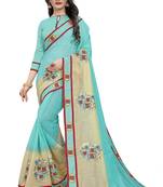 Turquoise Embroidered Cotton Saree With Blouse