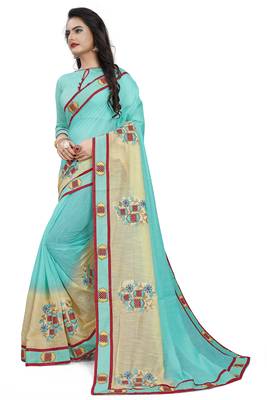 Turquoise Embroidered Cotton Saree With Blouse 2